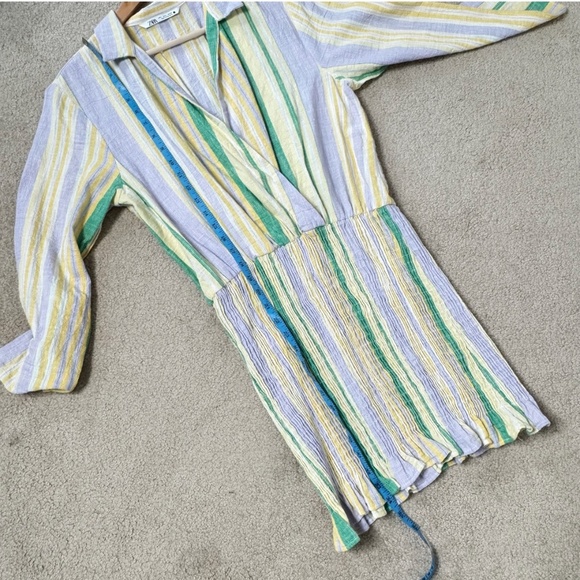 Zara Mini Dress Shirred Skirt Pastel Stripe Long Sleeve Cotton Mini Dress Large - Picture 11 of 15